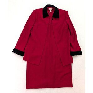 Talbots Vintage Women's Dress Suit Size 12P Red Wool Velvet Trim